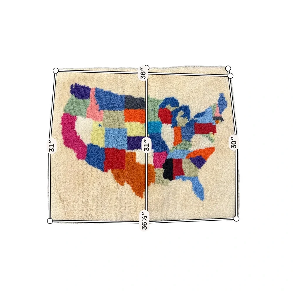 Vintage Handmade Latch Hook Rug USA Map Colorful Folk Art Wall Hanging 36x31